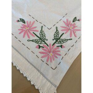 VTG Hand Embroidered Pink Floral Tablecloth 37x32 inches